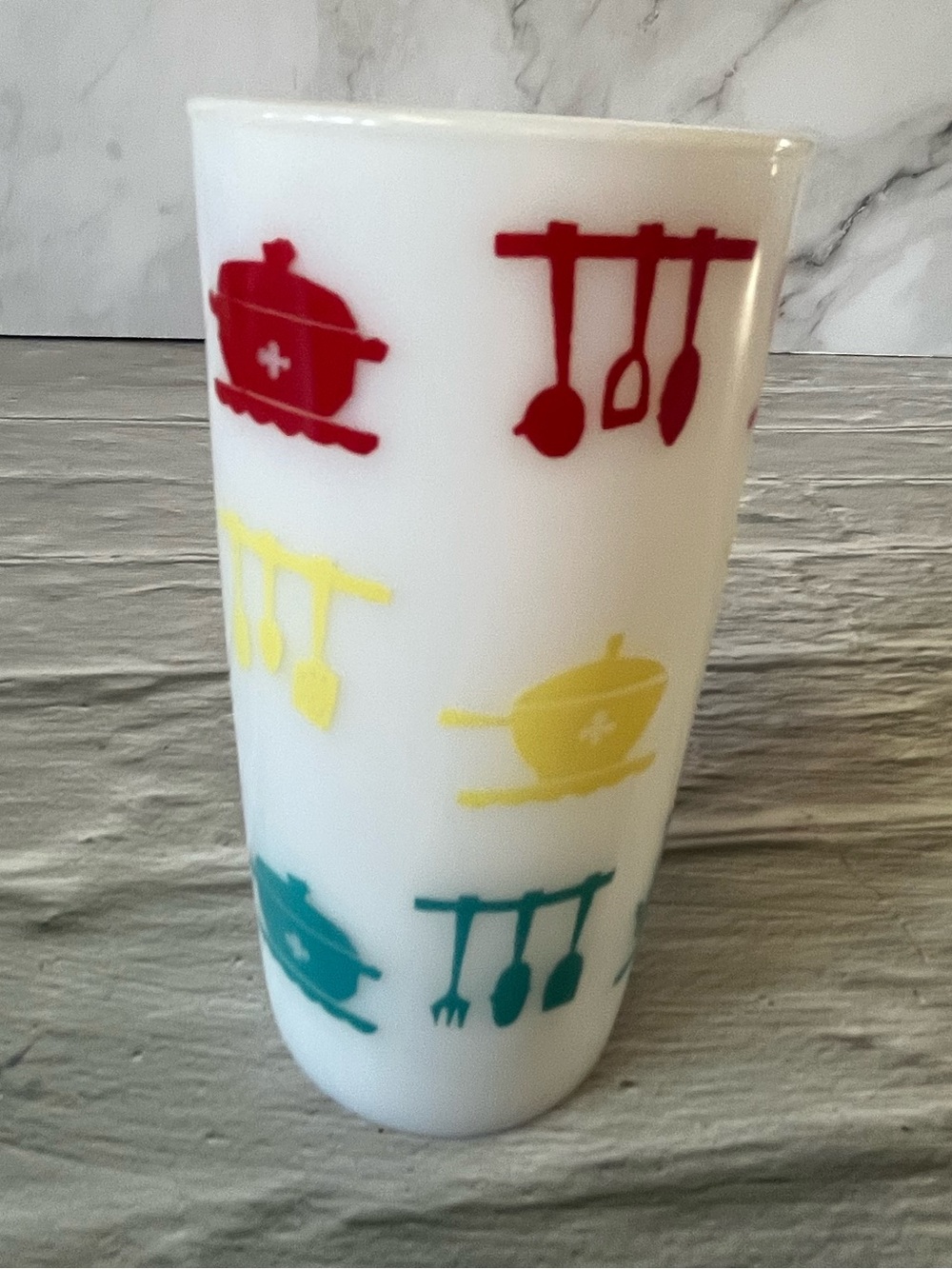 Vintage 1950's Hazel Atlas Milk Glass Tumbler "Kitchen Aids" Pattern